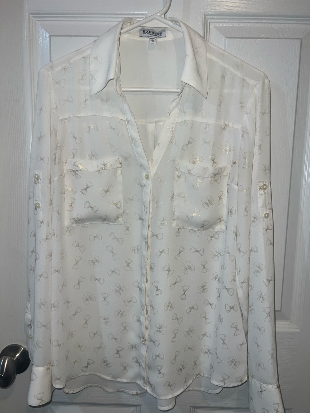 Express White Sheer Button-Up Blouse with Gold Bow Accents